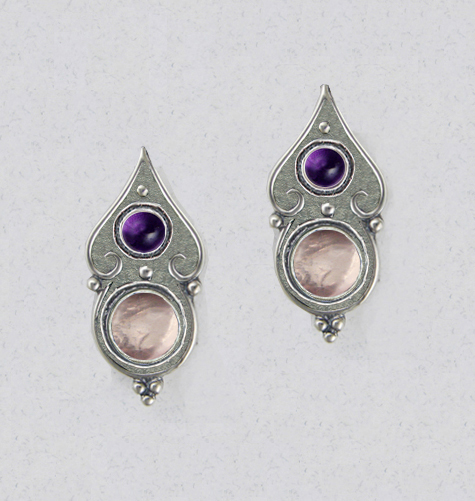 Sterling Silver Gothic Look Post Stud Earrings With Rose Quartz And Amethyst